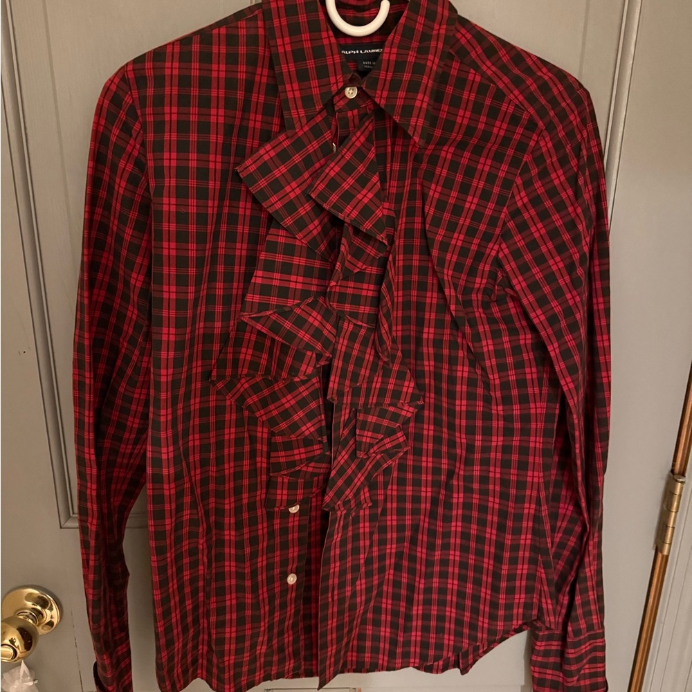 Ralph Lauren Red and Black Plaid Ruffle Button-Down Shirt